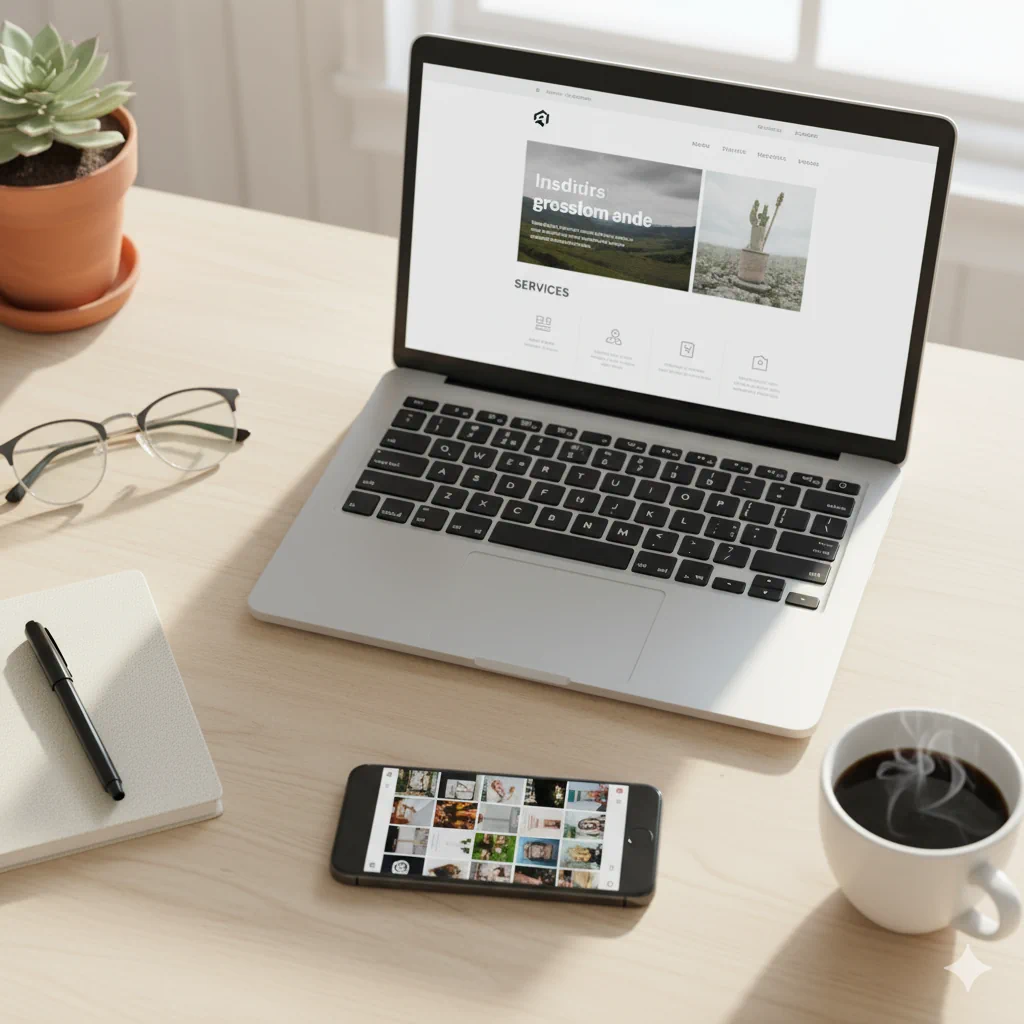 Telefon z otwartymi social mediami i laptop ze stroną www – współpraca kanałów