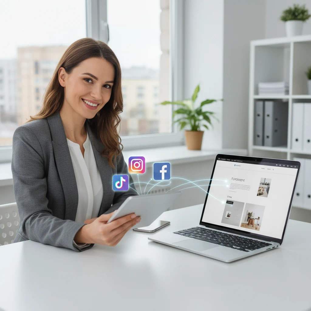 Realistyczna ilustracja przedstawiająca profesjonalną kobietę w biurze, która pokazuje synergię marketingu. Na jej laptopie widoczna jest strona WWW (fundament), a na tablecie ikony social mediów, połączone w jedną skuteczną strategię 1+1=3.